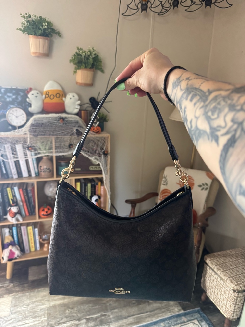 Coach Dark Brown Signature Dome Shoulder Bag with Gold Hardware
